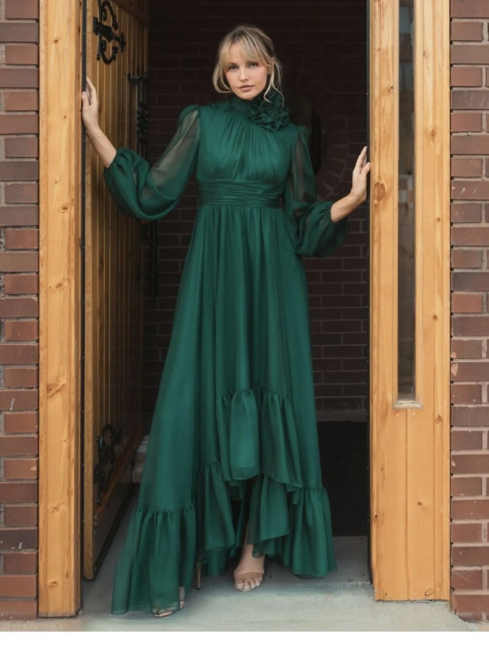 Mac Duggal High-Low Long-Sleeve Chiffon Gown - Emerald